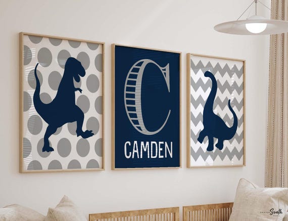 Navy and gray dinosaur nursery art, custom dinosaur, personalized name boys dinosaurs, dinosaur bedroom, big boy room decor, t rex baby gift