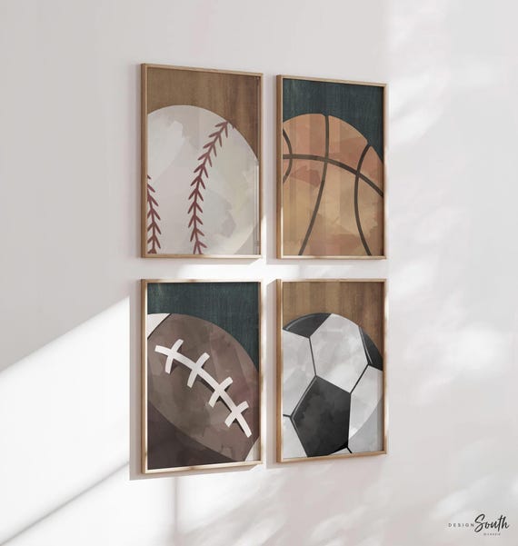 Rustic industrial kids room sports decor, modern sports nursery art set, industrial kids playroom decor, gift for boy sports theme, kid room