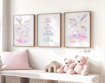 Ilustrações de unicórnios para quarto de bebê: Decoração em aquarela para quarto de menina
