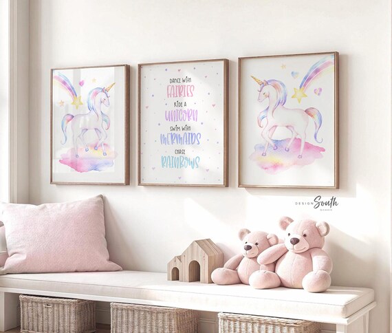 Baby girl unicorn nursery room art, unicorn girls room wall art, girl bedroom unicorn theme, pink blush clouds stars horse unicorn girl name
