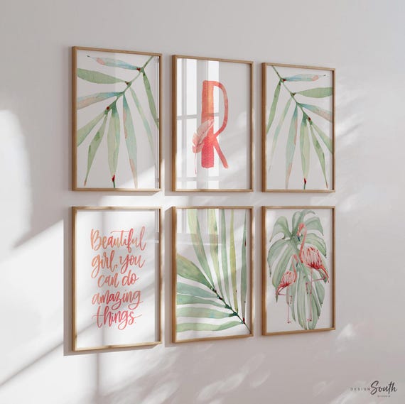Girls nursery decor, tropical leaf flamingo decor, girls nursery tropical theme, girls bedroom theme, pink tropics nursery flamingo baby art