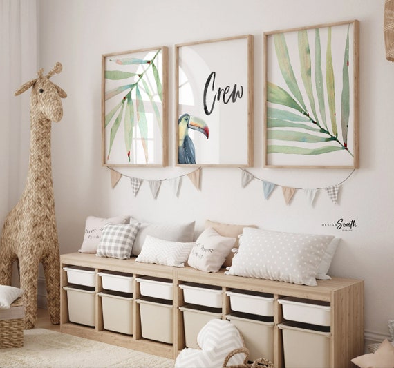 Tropical Nursery Print Set: Toucan, Palm Leaves, Custom Boy's Name