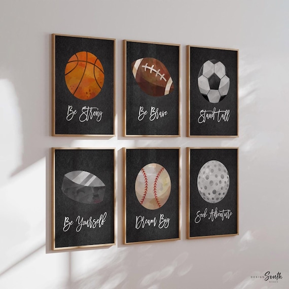 Sports collection art set of 6, boys sports nursery wall art prints, boy sports theme, boy sports inspirational positivity prints bedroom
