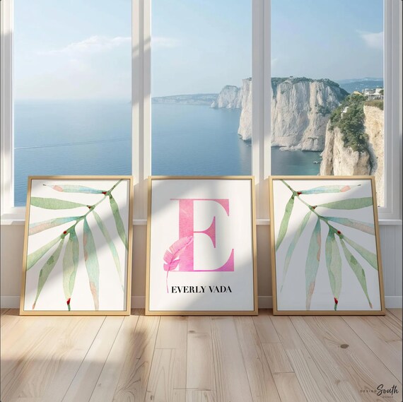 Tropical Nursery Decor: Personalized Initial, Watercolor Palm Leaf Art