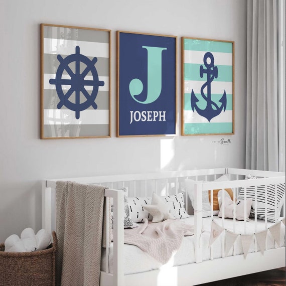 Boys nautical theme anchor ship wheel wall art prints, wall art boys room, personalized name initial art, nautical gift for boy personalized