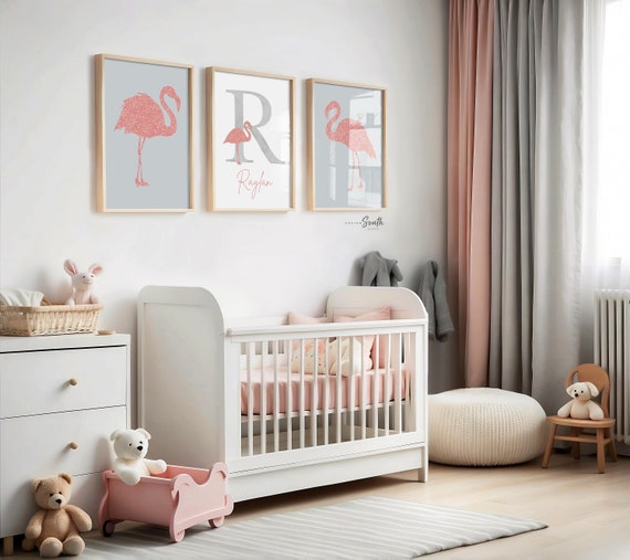 Rose gold glitter flamingo art, tropical prints rose gold, girl's pink glittery art, girl room decor pink glitter, personalized pink gray