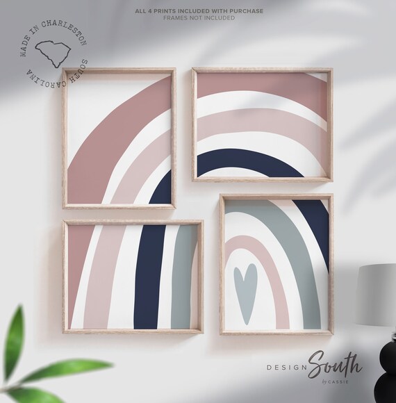 Navy and blush nursery, children rainbow wall, blush pink and navy blue rainbow kids baby children, art gender neutral blue gray nude mauve