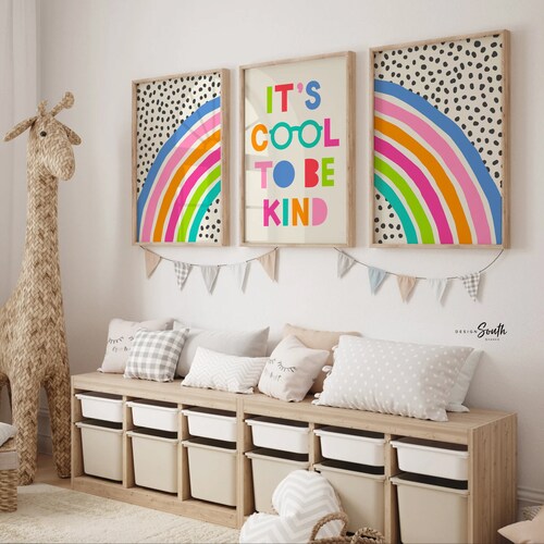 It's cool to be kind, kids wall art quote saying cool to be kind, colorful bright playroom art, bright playroom decor kindness affirmation