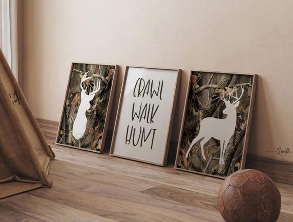 Deer nursery decor, camo hunting wall art, boys room crawl walk hunt prints, rustic deer art for kids bedroom, hunting decor for kids room