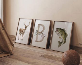 Watercolor Deer and Bass Fish Nursery Prints – Personalized Name Art for Boys
