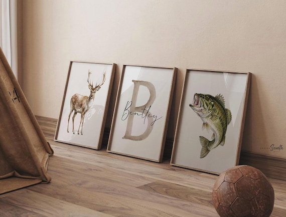 Watercolor Deer and Bass Fish Nursery Prints – Personalized Name Art for Boys