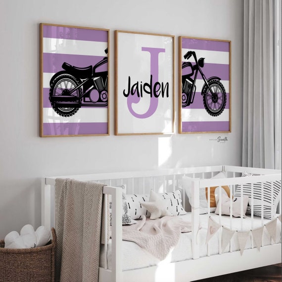 Toddler girl purple motorcycle themed art, girls motorcycle customized name print, purple harley davidson bedroom decor, baby purple harley