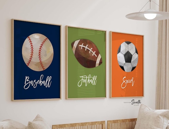Blue green orange boys room decor, wall art toddler boy bedroom sports themed, gift for boy sports art print set, basketball football soccer