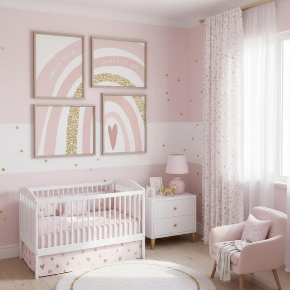 Personalized Twin Girls Room Art: Pink Gold Rainbow Prints