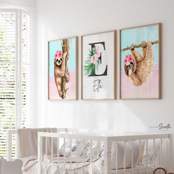 Tropical sloth girl nursery, sloth nursery girl, decor for girl's bedroom sloths, tropical sloth theme room for girl, sloths and flowers art