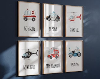 Emergency Vehicles Nursery Art: Watercolor Rescue Prints Set