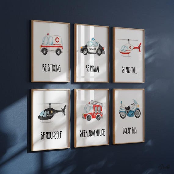 Emergency Vehicles Nursery Art: Watercolor Rescue Prints Set