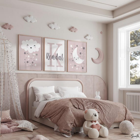 Mauve Nursery Art Prints: Baby Name Initial, Celestial Theme