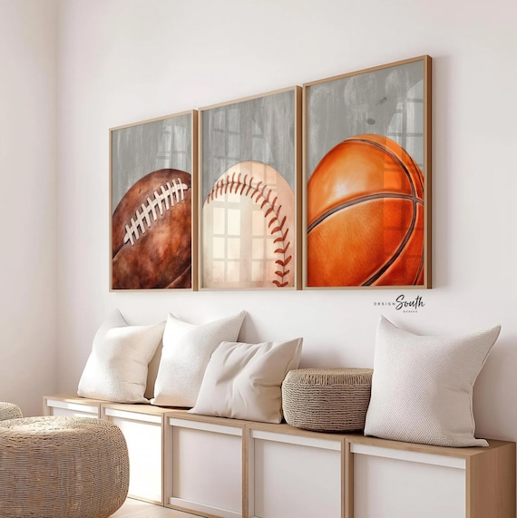 Boys Sports Nursery Prints, Football Basketball Baseball Watercolor Art (Set of 3)