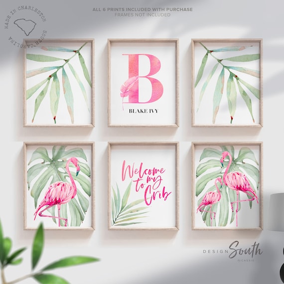 Modern girl nursery bedroom or nursery decor, little girl tropical gallery wall decor, hot pink and green nursery, pink flamingo nursery art