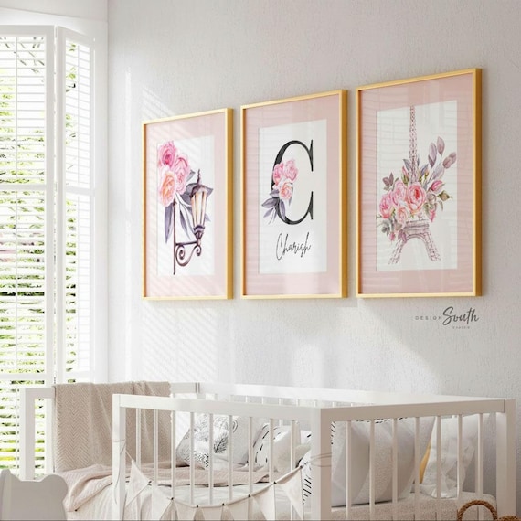 Paris Nursery Decor: Eiffel Tower, Roses, Custom Name Art Prints