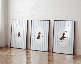 Chocolate Lab Puppy Wall Art Set of 3, Baby Blue Nursery Decor, Whimsical Striped Labrador Prints, Mallard Duck Hunting Boy Room Gift