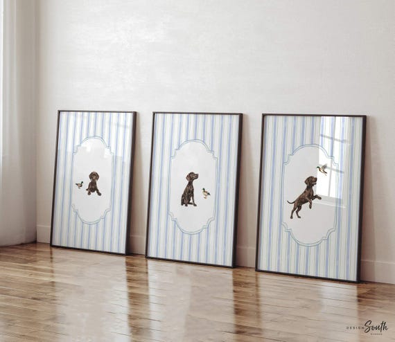 Chocolate Lab Puppy Wall Art Set of 3, Baby Blue Nursery Decor, Whimsical Striped Labrador Prints, Mallard Duck Hunting Boy Room Gift