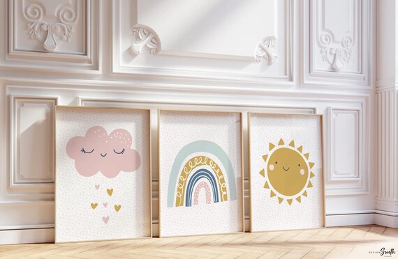 Pastel Nursery Prints Set: Sun, Rainbow, Cloud - Kids Room Decor