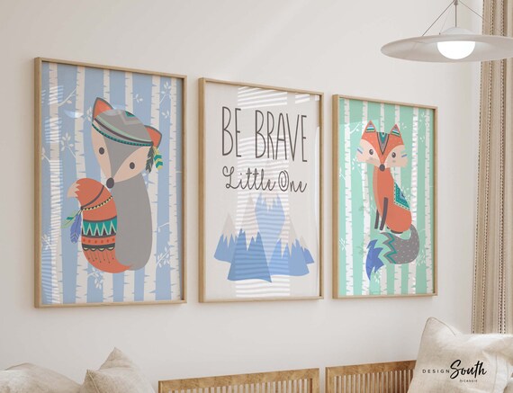 Be brave little one, children's playroom wall, fox woodland theme bedroom baby blue, inspirational quote kids prints, nursery woodland theme