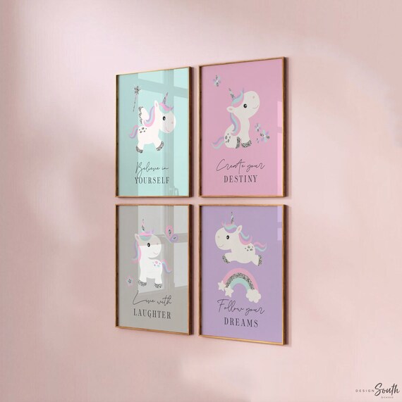 Unicorn nursery art set of four, rainbows butterflies unicorns flowers decor, cute baby unicorn nursery wall art, aqua pink purple unicorns