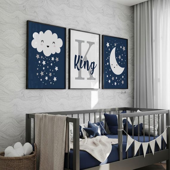 Navy & Gray Celestial Nursery Prints: Moon, Stars, Cloud (Unframed)