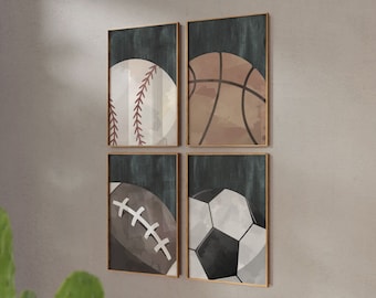 Rustic industrial kids room sports decor, modern sports nursery art set, industrial kids playroom decor, gift for boy sports theme, kid room