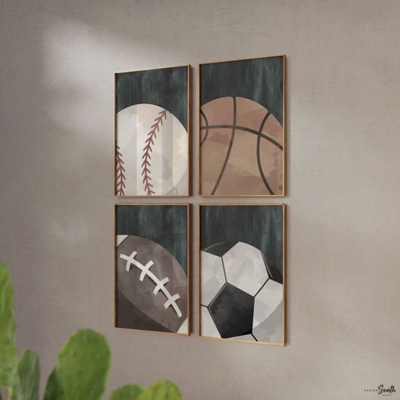 Rustic industrial kids room sports decor, modern sports nursery art set, industrial kids playroom decor, gift for boy sports theme, kid room