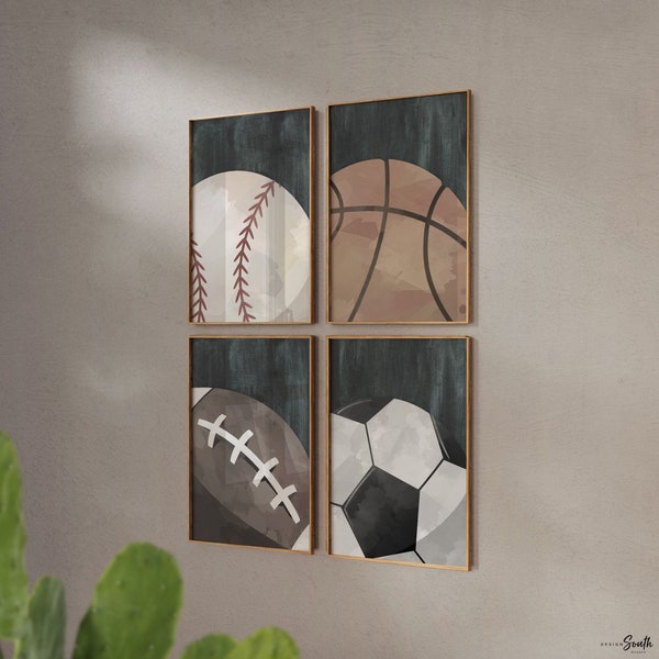 Rustic industrial kids room sports decor, modern sports nursery art set, industrial kids playroom decor, gift for boy sports theme, kid room