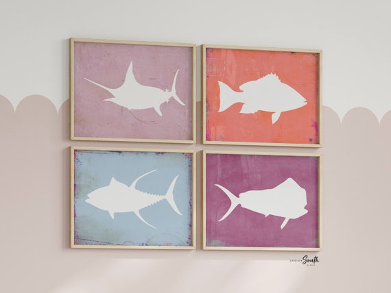 Ocean saltwater fish art prints, deep sea fish wall art, saltwater fish decor, pink fishing theme, fish prints, fish nursery art, fish decor