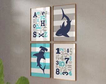 Shark Wall Art Prints: Navy, Gray & Blue - Boys Room Decor