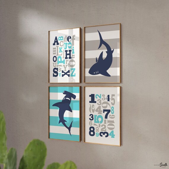 Boys sharks, shark room, wall art for boys, kids sharks, shark wall decor, wall art sharks, sharks gray and blue, abc, toddler shark art