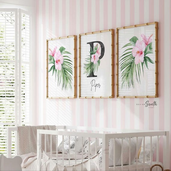 Tropical Palm Leaf Nursery Art: Pink Floral Monogram Prints