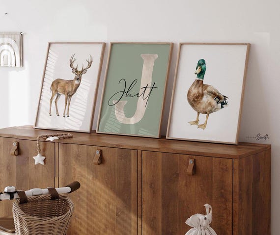 Personalized Woodland Nursery Art Set of 3, Initial Name Prints, Whitetail Buck Deer & Mallard Duck, Watercolor Hunting Decor