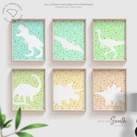 Pastel and gold dinosaurs, little kid room art dinosaur, playroom wall idea for children, playroom dinosaur art, baby playroom idea dinosaur