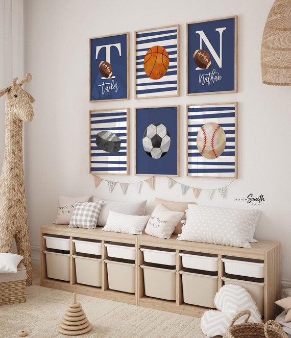 Blue sports decor siblings boys room, sports decor gift siblings, basketball soccer sports theme brothers, sports themed playroom wall art