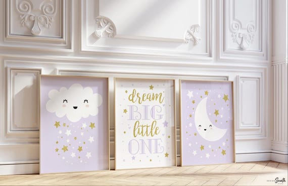 Cloud moon and stars nursery wall art girls, lilac and gold, purple gold, lavender nursery, baby girl gift nursery wall art, baby girl decor