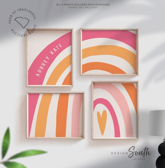 Pink and orange nursery decor, girls monogram art, rainbow heart pink orange decor, rainbow monogram, girls nursery decor ideas personalized