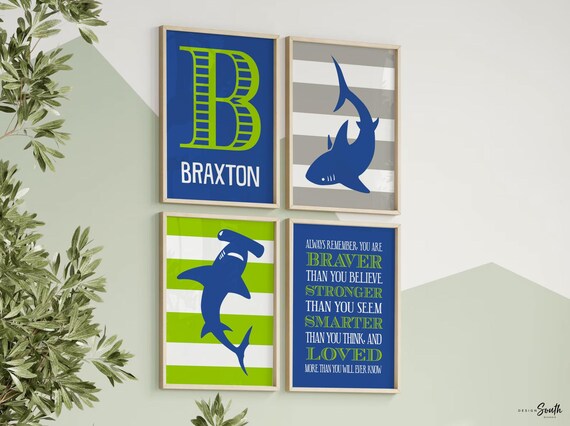 Cobalt blue shark, lime green shark, bedroom boy prints cobalt, kid quote, shark theme room, boys sharks, shark wall art, shark wall decor
