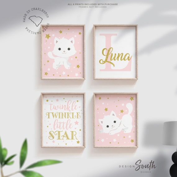 Nursery cat wall art, baby girl room animal, kitten nursery, cat lover room pink, kitten cute cat nursery wall, cat themed, custom baby name