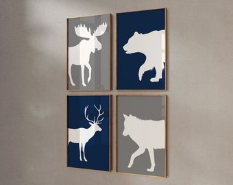 Woodland Animal Print Set: Navy Blue & Gray Nursery Decor