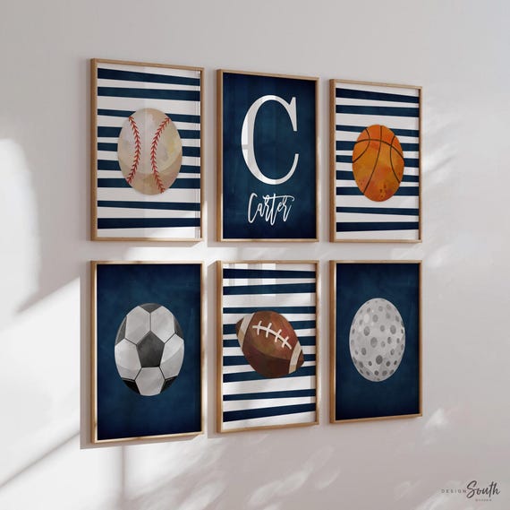 Sports collection print set boys name, sports theme wall pictures, sports art personalized gift, baseball football kids wall art boy nursery