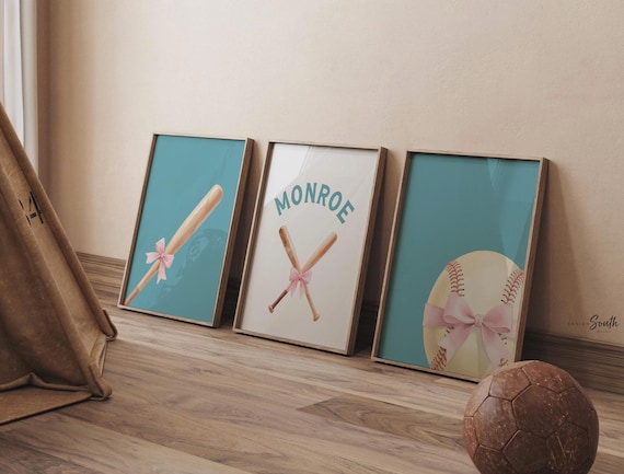 Custom Name Softball Print Set – Pastel Girl Nursery Decor