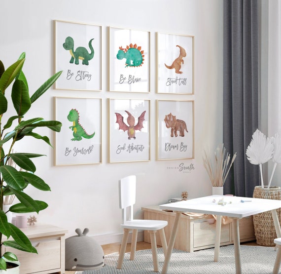 Cute dinosaur print collection, baby boy dinosaur nursery theme, dinosaur wall decor, dinosaur posters, dinosaur bedroom wall art for kids