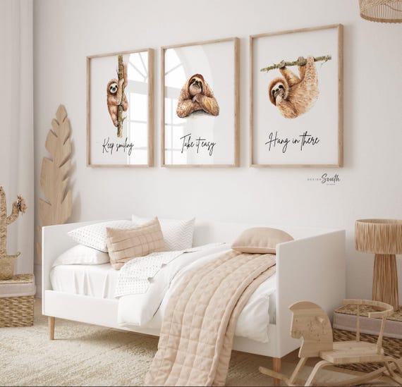 Set of 3 sloth wall art prints with quotes, hanging sloth decor for kids room, nursery or sloth themed bedroom decorations